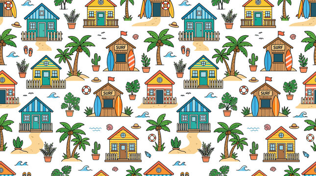 Colorful beach huts, palm trees, surfboards, and flip-flops seamless pattern