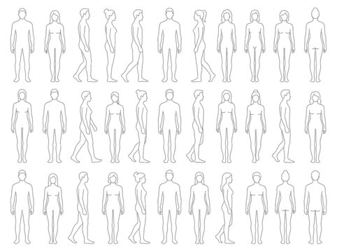 CAD Human Body Outline Templates Set Featuring Various Male and Female Poses for Design and Technical Drawing