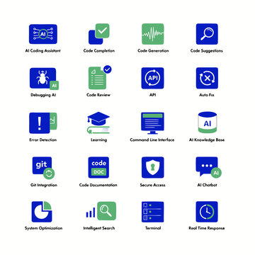 Sixteen flat representing artificial intelligence coding assistant tools, debugging, and software d