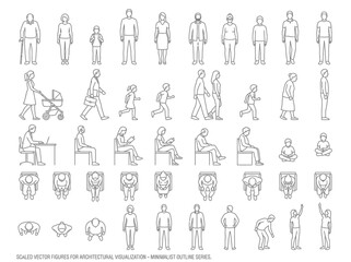 Fototapeta premium Minimalist CAD Vector People Outline Figures for Architectural Visualization