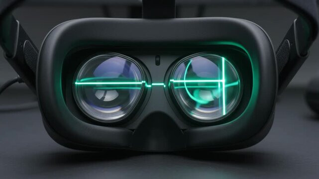 Conceptual video of a black VR headset with a green neon scanning light line passing across the optical lenses