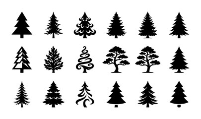 Obraz premium Diverse Christmas Tree Silhouettes, Festive Evergreen Icons, Winter Holiday Vector Collection, Seasonal Decoration Elements