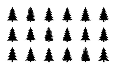 Obraz premium Set of 15 Black Silhouette Christmas Trees, Evergreen Pine Forest Icons, Winter Holiday Vector Graphics for Design