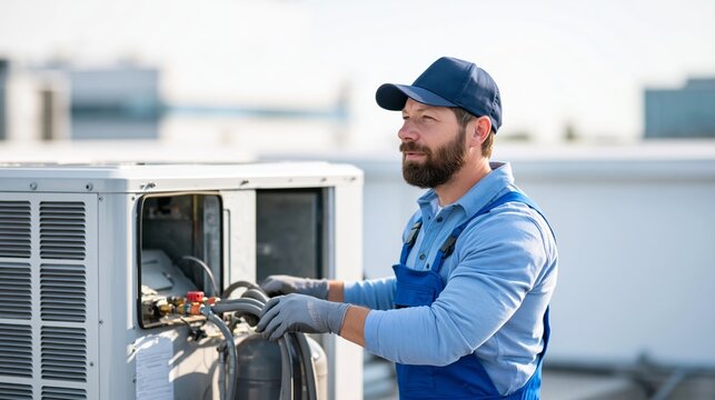Technician servicing rooftop air conditioning unit