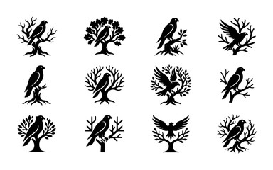 Obraz premium Elegant Bird and Tree Silhouettes, Vector Icons for Heraldry and Nature Branding, Set of 12 Black Graphics
