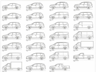 Set of side view vehicle CAD technical drawings showcasing various automobile body styles and transport configurations for architectural planning © kasun