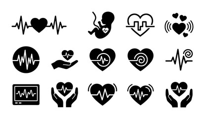 Fototapeta premium Cardiology Icons Set: Heartbeat, EKG, Fetus, and Care Symbols, Vector Graphics for Medical and Health Concepts
