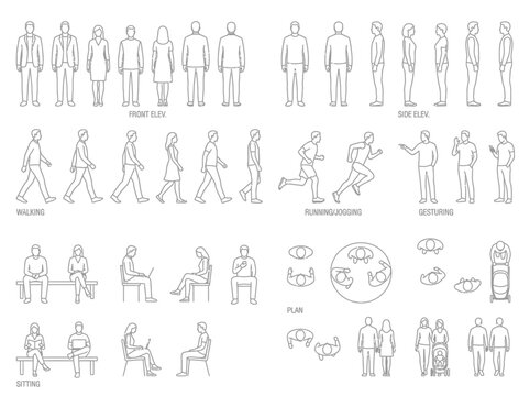 Vector outline silhouettes of people in various poses for architectural CAD drawings scale blocks
