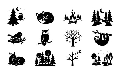 Fototapeta premium Woodland Creatures and Forest Scenes Vector Icons, Nature Elements Set, Wildlife Silhouettes for Outdoor Themes, Black and White Graphics