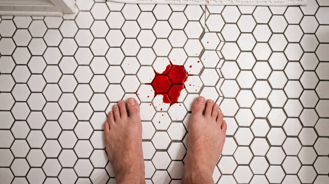 Bare feet standing over blood puddle on tiled floor