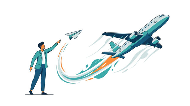 Ambitious businessman launching paper plane transforming into real aircraft for startup growth flat vector illustration.
