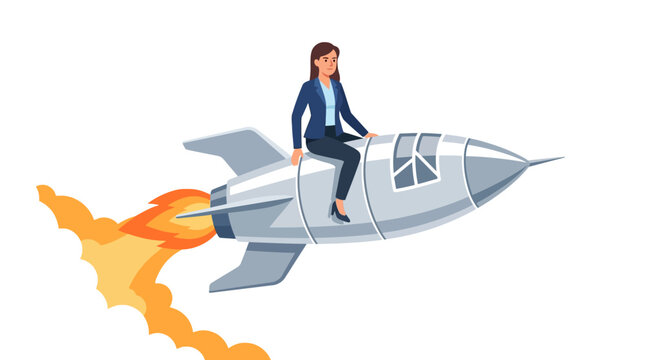 Ambitious businesswoman riding a silver rocket ship to represent startup growth and career success flat vector illustration.