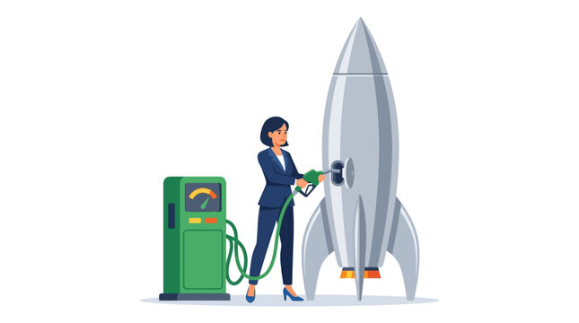 Ambitious businesswoman refueling a sleek silver rocket at a gas station for startup growth flat design vector illustration.