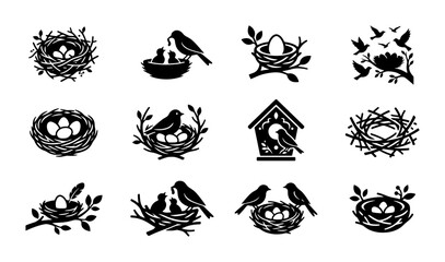 Obraz premium Bird Nest Vector Icons Set, Spring Wildlife Symbols, Ornithology Collection, Nature and Family Themes, Black and White Silhouettes