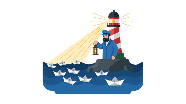 Bearded lighthouse keeper holding lantern guiding paper boats on sea waves flat vector illustration.
