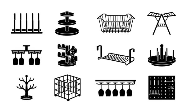 Kitchen Storage Solutions: 12 Vector Icons for Dish Racks, Glass Holders, and Utensil Organizers. Essential Home and Commercial Kitchenware Graphics.