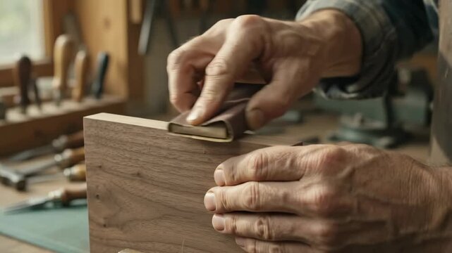 Close up video of a carpenter hands using a sanding block to smooth the edge of a rustic wooden plank in a workshop