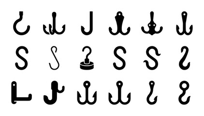 Fototapeta premium Collection of Black Metal Hooks and Fasteners, Vector Icons for Industrial and Utility Applications, Diverse Shapes for Hanging and Securing