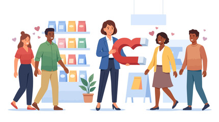 Fototapeta premium Business woman holding large heart magnet to attract loyal customers in retail store flat vector illustration.