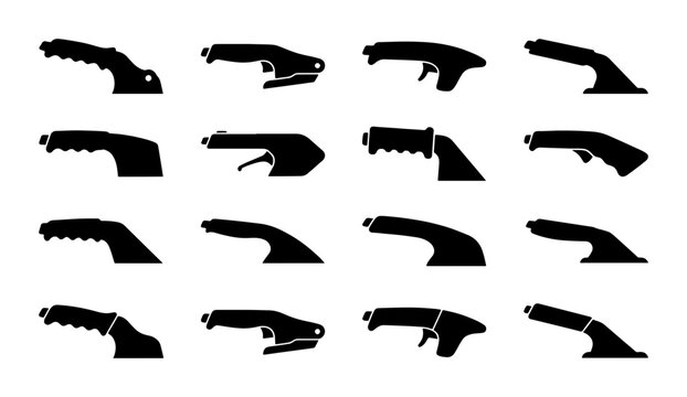 Car Handbrake Lever Icons, Automotive Parking Brake Symbols, Vehicle Emergency Stop Mechanism Silhouettes, Set of 16 Black Vector Graphics