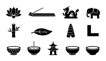 Asian Culture Icons Set: Lotus, Dragon, Elephant, Pagoda, Bamboo, Incense, Bowls, Black Vector Graphics for Traditional Themes © Jabed