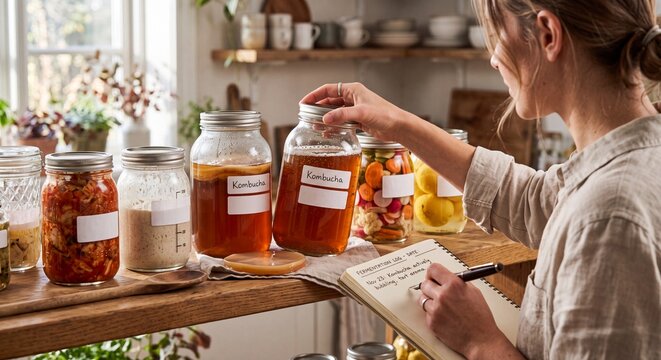 Woman writing in a fermentation log notebook next to glass jars of homemade kombucha scoby, kimchi, and pickled vegetables.