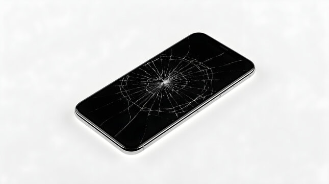 Cracked smartphone screen on white background with broken glass