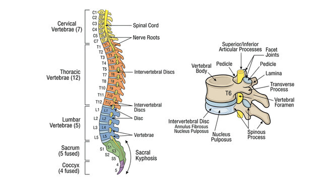 Human Spine Anatomy Diagram: Vertebrae, Discs, Nerves, and Joints