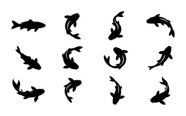 Fototapeta premium Elegant Koi Fish Silhouettes, Vector Set of 12 Aquatic Animal Icons, Japanese Carp Graphics for Pond and Water Designs
