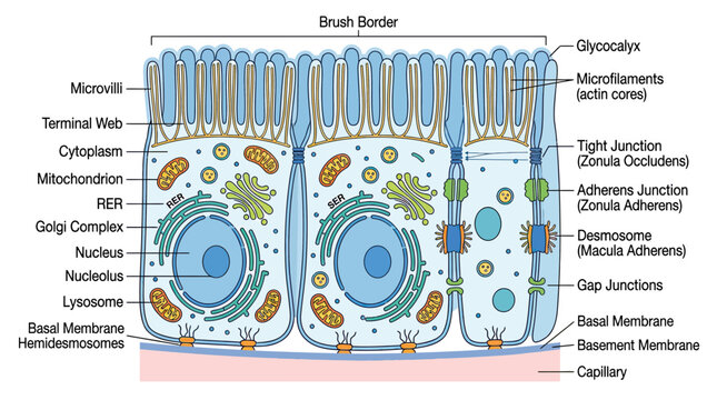 Epithelial Cell Structure: Microvilli, Junctions, Organelles, and Capillary