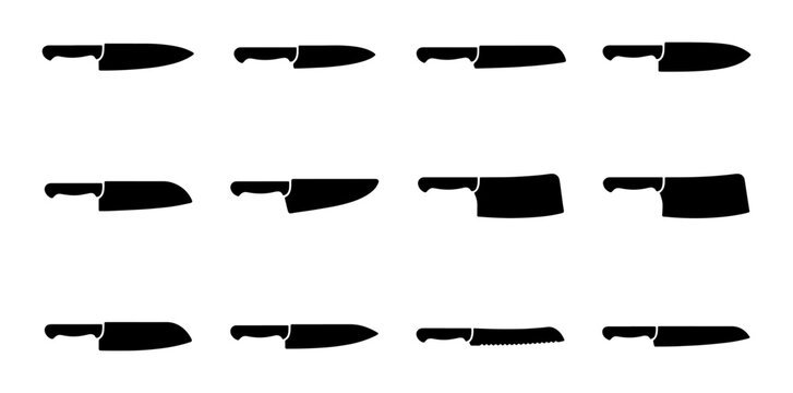 Kitchen Knife Icons Set, Chef Knives Collection, Slicing Tools Vector Graphics, Culinary Blades Assortment