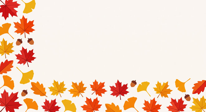 A clean and modern flat vector autumn background with colorful maple and ginkgo leaves and acorns arranged in an L-shape along the bottom and left on a light off-white background.