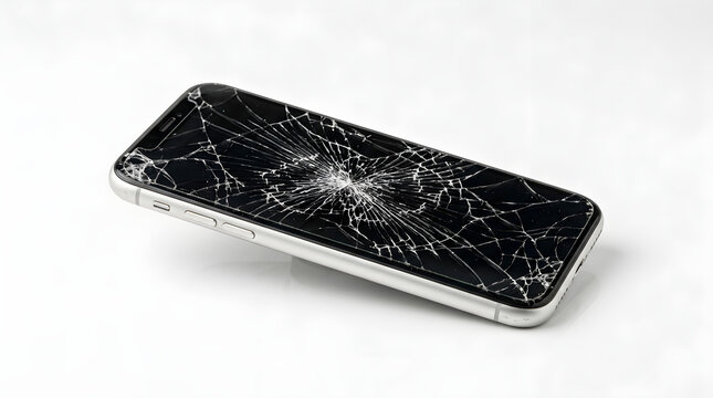 Cracked smartphone screen with shattered glass on white