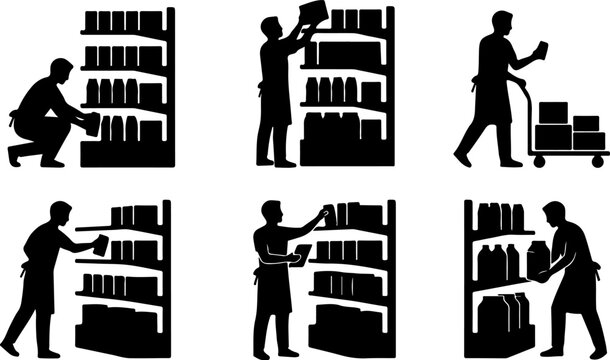 Set of store worker silhouettes stocking shelves and moving inventory vector illustration