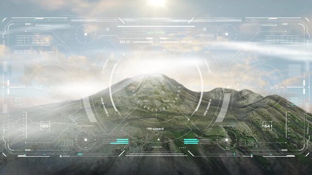 HUD Digital Panel Interface Aerial View Flying Over Forest Mountain Landscape. Drone Perspective Flight with Sunshine and Automatic Target Tracking System Screen. Futuristic Sci-Fi Exploration.