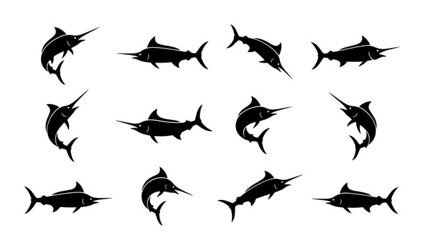 Marlin Silhouettes Vector Set: Dynamic Fishing Icons, Ocean Wildlife Graphics, Marine Sport Illustrations