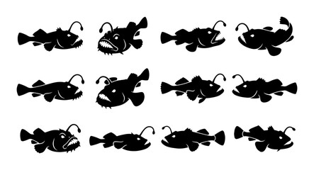 Fototapeta premium Anglerfish Silhouette Collection, Deep Sea Creature Icons, Marine Wildlife Vector Set, Black and White Aquatic Animal Graphics