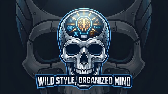 Cyberpunk Robot Skull Illustration with Light-Up Brain and Physics Math Science Formulas