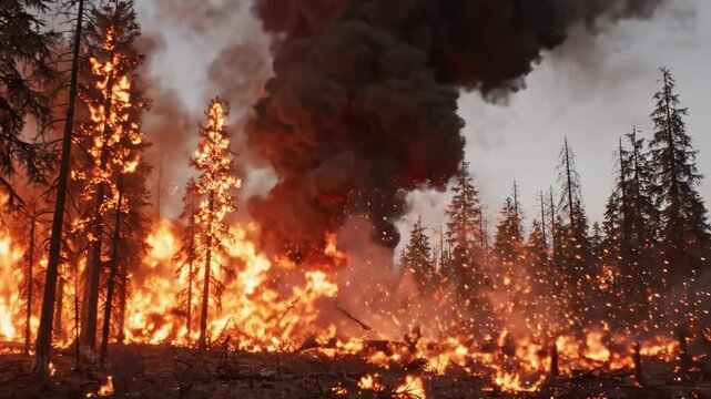 An Eruptive Conflagration: Capturing the Intensity of a Wildfire as It Consumes a Forest, Creates Chaotic Flames, and Unleashes Dark Smoke Amidst Towering Trees
