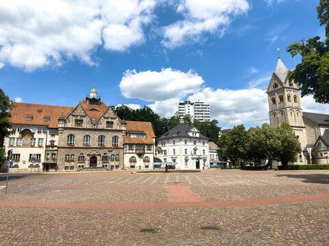 Market Square with Town Hall and Town Church in Bergisch Gladbach, North Rhine-Westphalia, Germany