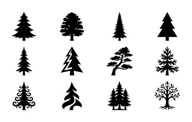 Obraz premium Diverse Evergreen Tree Silhouettes, Conifer and Deciduous Vector Icons, Nature Elements for Design