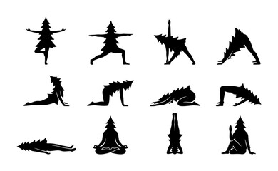 Fototapeta premium Christmas Tree Yoga Poses Vector Set, Festive Holiday Fitness Silhouette Collection, Winter Wellness Silhouette Icons, Seasonal Exercise Illustrations
