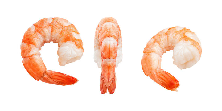 Three views of cooked peeled shrimp isolated on a white background, showcasing side, front, and angled perspectives. Fresh seafood with vibrant orange and white color, clean composition, and ample