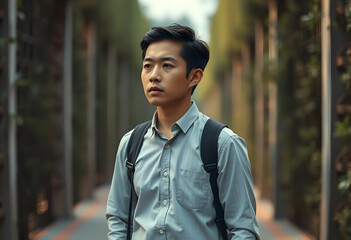Fototapeta premium East Asian man walking outdoors in business casual attire