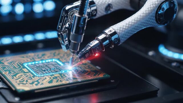 A Robotic Arm Precision Handling a Microprocessor on a High-Tech Circuit Board in a Dimly Lit Environment, Demonstrating Advanced Automation and Technology Integration