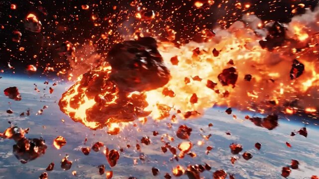 A Dramatic Meteor Shower: Volatile Asteroids Plummet Toward Earth, Creating Fiery Trails as They Break Apart in the Atmosphere and Ignite a Dazzling Display of Fire and Debris