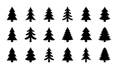 Obraz premium Set of 15 Black Pine Tree Icons, Evergreen Forest Vector Graphics, Winter Nature Silhouette Collection for Seasonal Design