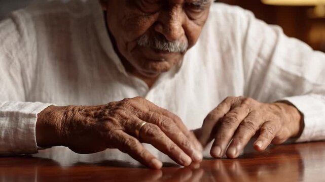 An Introspective Moment: An Elderly Man's Contemplation Captured at the Table, Expressing Wisdom and Reflection in a Quiet, Thoughtful Atmosphere