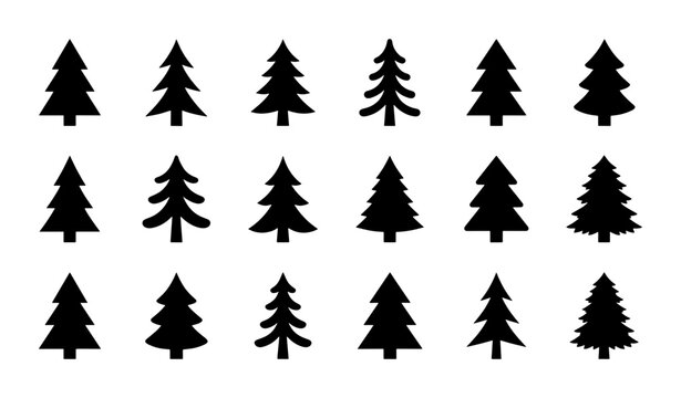 Set of 15 Black Pine Tree Icons, Evergreen Forest Vector Graphics, Winter Nature Silhouette Collection for Seasonal Design