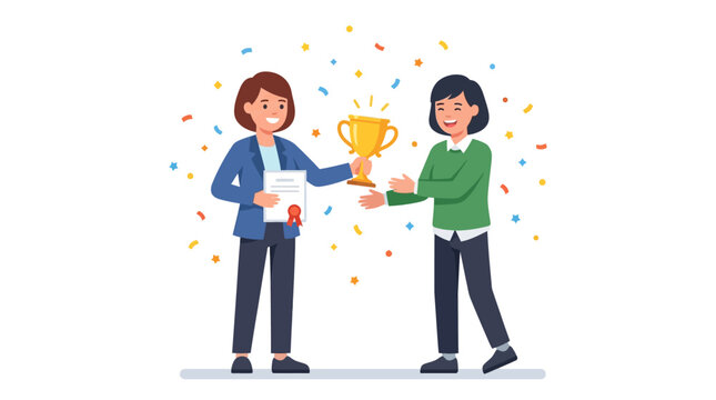 Business woman giving gold trophy and award certificate to successful colleague flat design vector illustration.